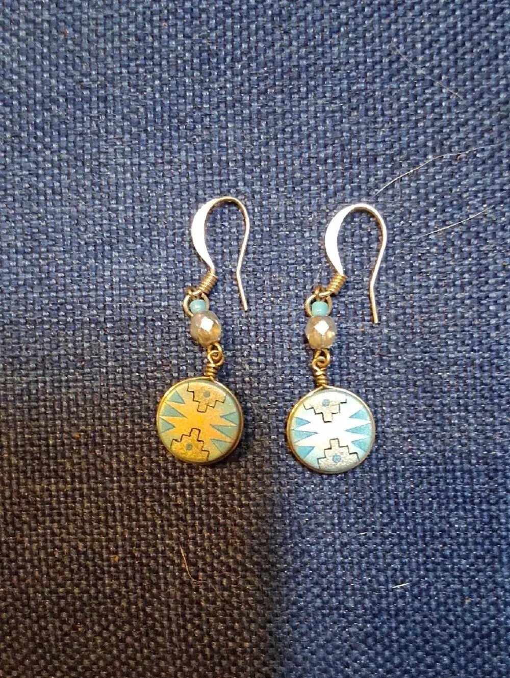 Vintage Turquoise and White Enamel Geometric Drop Earrings